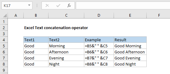 Excel Text concatenation operator